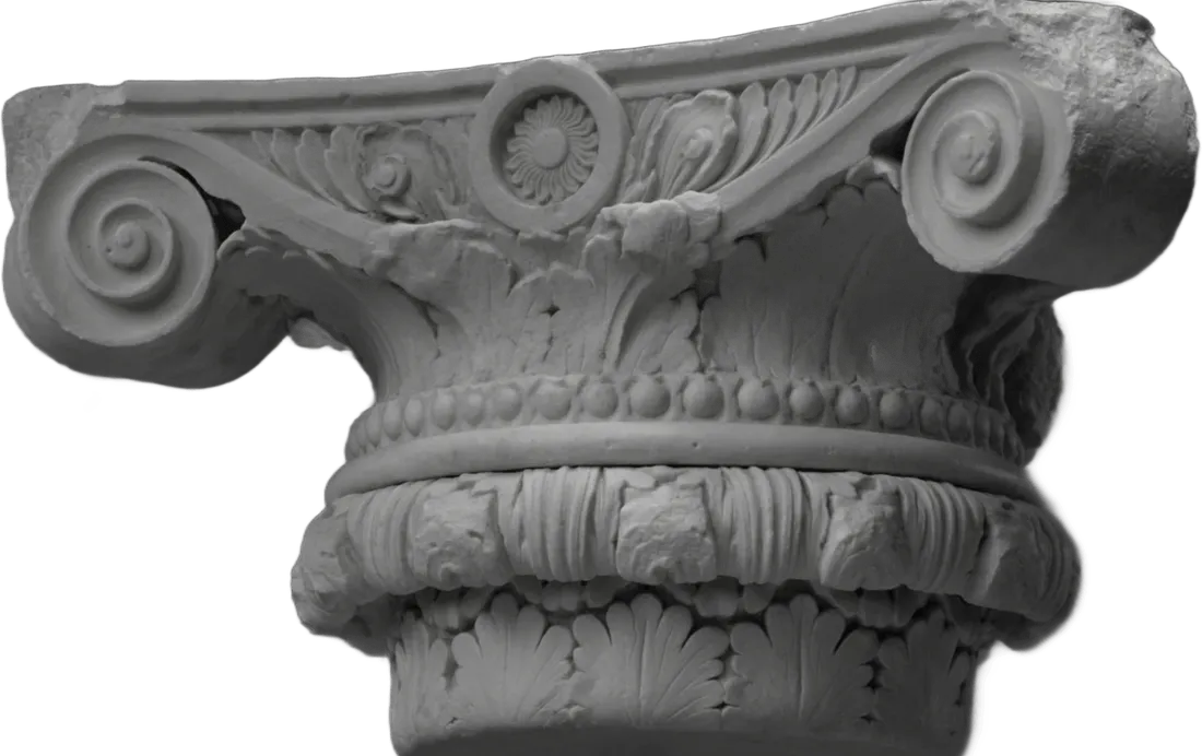 Composite capital combining Ionic volutes, a bead moulding and acanthus leaves