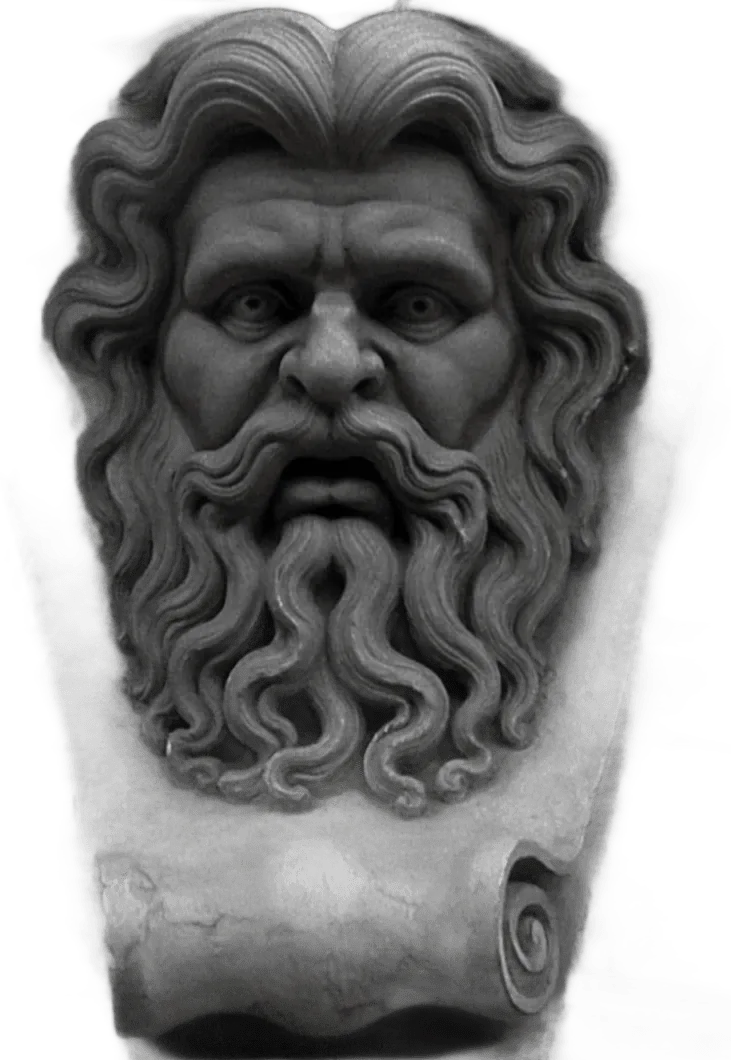 Carved keystone mascaron: a bearded god whose hair flows into scrolls