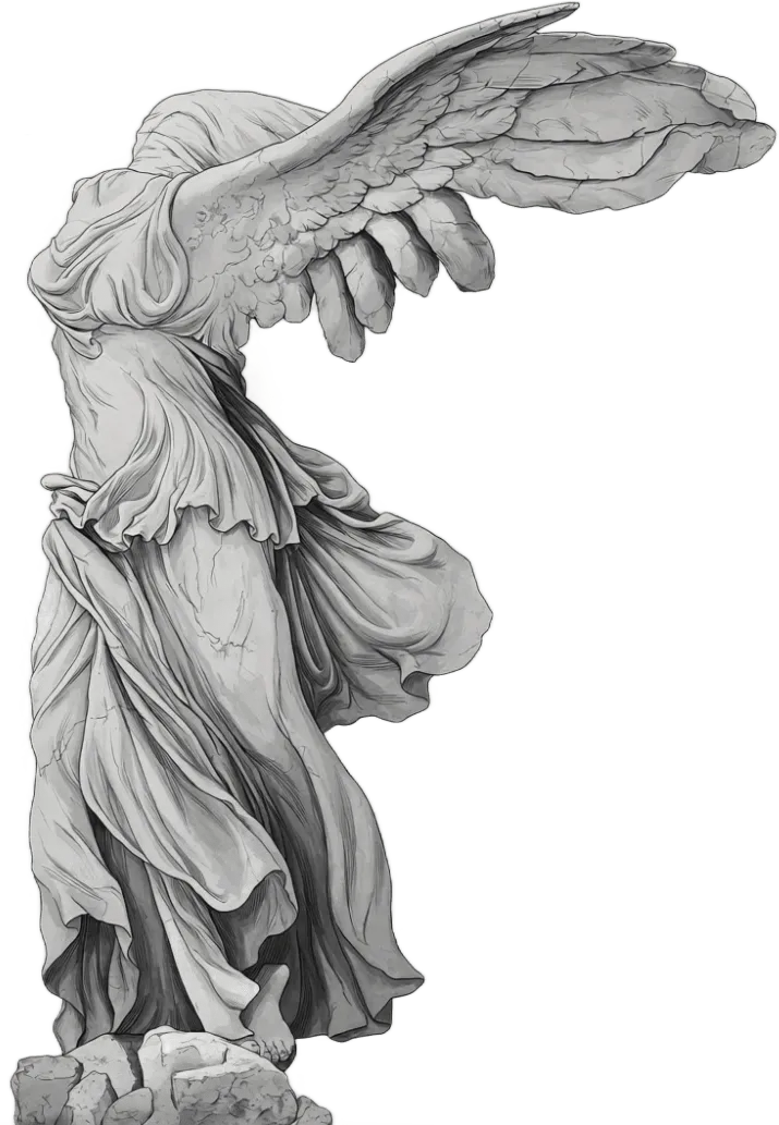 Winged Victory in windswept drapery, standing on a broken base